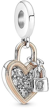 PANDORA Herzschloss Doppelter Charm-Anhänger aus Sterling-Silber und 14 Karat Rosévergoldeter Metalllegierung mit Cubic Zirkonia, 780087C01