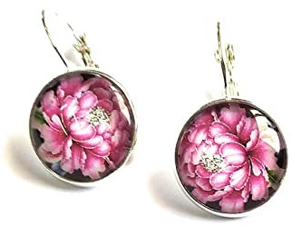 Orecchini Pendenti Cabochon, Idea Originale per Regalo Natale,Peonia Fucsia, Fatto a Mano, Gioielli Donna