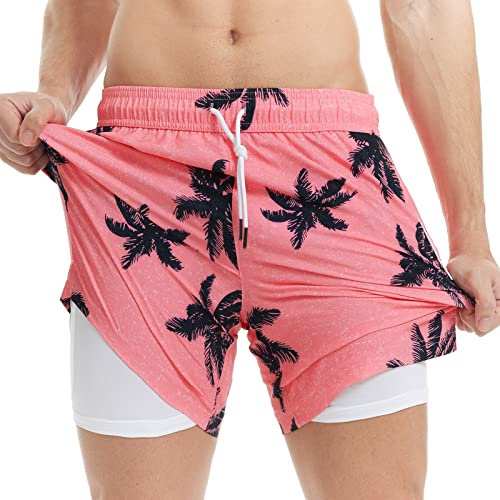 maamgic Maillot de Bain pour Hommes avec Compression Short de Bain 2 en 1 | 5.5 Séchage Rapide Short de Natation décontracté Boardshorts avec Pantalon intérieur et Poche,Cocotier Rose 5.5,M