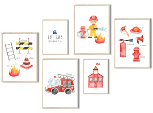 MeinBaby123® Bilder Kinderzimmer | DIN A4 & DIN A5 6er Poster Set Feuerwehr | Feuerwehrauto, Feuerwehrmann | Deko Kinderzimmer Junge | Babyzimmer Deko | Wandposter Premium (Feuerwehr V2)