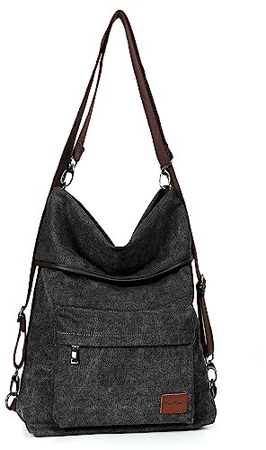 TANTOMI Damen Rucksack-Handtasche 2 in 1, Schwarz, 42 cm, Hobo, Convertierbar, Canvas, 3 Taschen, 9.7 Zoll, 0.74 kg, Erwachsene, Casual Everyday, Damen, Utility, Reißverschluss, Alle Jahreszeiten