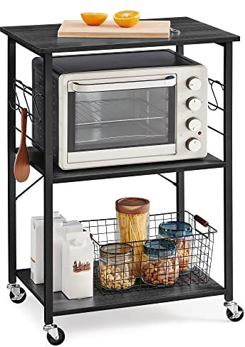 VASAGLE Kitchen Shelf on Wheels, Serving Cart with 3 Shelves, Kitchen Cart, Microwave Shelf, for Mini Oven, Toaster, with 6 Hooks, Industrial Stylee, Ebonized Oak Finish and Black UKKS060B42