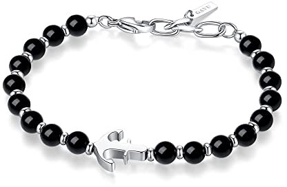 GAVU Bracciale da Uomo con Perline di Pietra Tormalina Nera e Charm Ancora di Acciaio Inossidabile