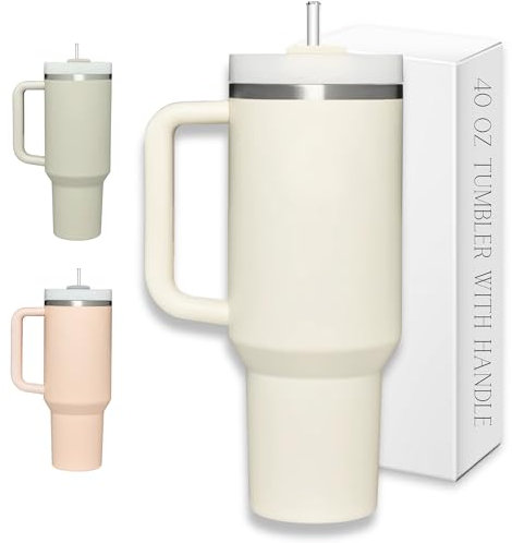 DUPE 1.2 l Becher mit Griff und Strohhalmdeckel, isolierter Edelstahl-Reisebecher für heiße und kalte Getränke, hält kaltes Eis und Hitze, doppelwandiger, vakuumversiegelter Becher (cremefarben)