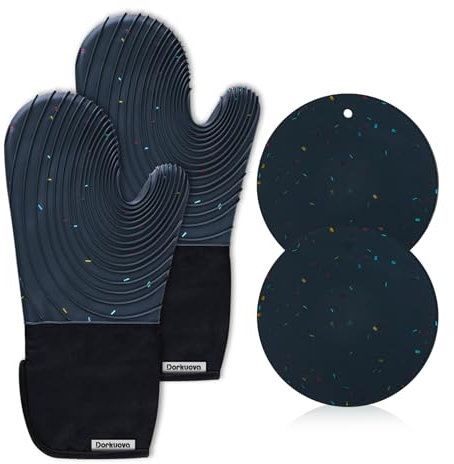 Dorkuova Silikon-Ofenhandschuhe, Baumwollfutter, BPA-frei, lange Kochhandschuhe und Untersetzer, Ofenhandschuh-Set für Grillen, 4 Stück (dunkelgrau)