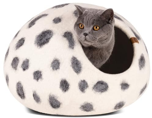 MEOWFIA Premium Filz Katzenbett Höhle - Handgefertigtes Bett aus 100% Merinowolle für Katzen und Kätzchen (lebendige Farbtöne) (groß, Schneeleopard)