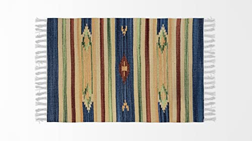 HOME ZEN HOUSEHOLD LINEN Teppich für Badezimmer, Küche, Schlafzimmer, Baumwolle, Art. Kelim, maschinenwaschbar, ethnisches Muster, bunt (50 x 110 cm, Design 3 - Blaue Raute)