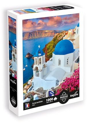 Calypto 3907052 Santorini, 1000 Teile Puzzle mit Soft-Touch, Städtepuzzle mit samtiger Oberfläche, für Erwachsene und Kinder ab 9 Jahren, Griechenland, Küste, Meer, [Mixed]