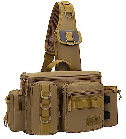 Mehrzweck Angeln Tasche mit Rutenhalter, Angeltasche Umhängetasche Angelrucksack für Angelrolle Köder Gerät, Tarnfarbe/Einfarbig
