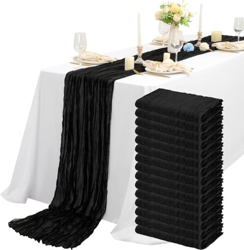 Teruntrue Käsetuch Tischläufer 15 Stück Schwarz Seihtuch Tischläufer Transluzent Tüll Tischdecke 55x300cm, Rustikaler Gaze-Stoff Boho-Tischläufer für Hochzeitsfeier Brautparty Tischdekoration