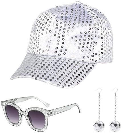 EUPSIIU 3 Stück Disco Accessoires 70er Jahre Kostüm Glitzer Disco Sonnenbrille Strass Pailletten Ohrringe Hut 70er 80er Jahre Outfit Damen für Fasching Karneval Disco Kostüm Damen (3 Stück)