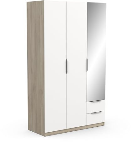 Demeyere Armoire Dressing avec Miroir & Penderie Moderne 3 Portes 2 Tiroirs 4 Niches – Coloris Chêne Kronberg & Blanc Mat - 119,4 x 51,1 x 203 cm