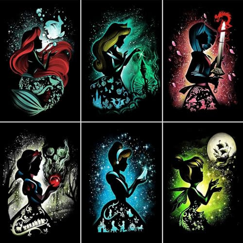 KEYRANKE Diamond Painting Disney 6 Stück Diamond Painting Kit Erwachsene-Prinzessin Diamant Bider Diamond Bilder Set Malen nach Zahlen Wohnzimmer Bilder Für Weihnachtsges-chenk 30x40cm