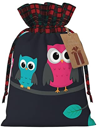 LAMAME Niedliche Eulen gedruckt Weihnachten Kordelzug Geschenktüten mit Kraft Etiketten Geschenkpapier Taschen