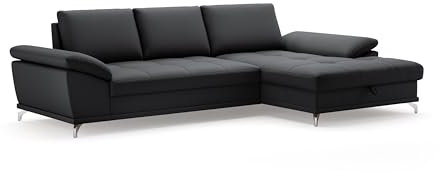 Cavadore Ecksofa Castiel mit Federkern / Eckcouch mit großem Longchair, Sitztiefenverstellung und mattschwarzen Metallfüßen / 301 x 89 x 176 / Echtleder, Schwarz