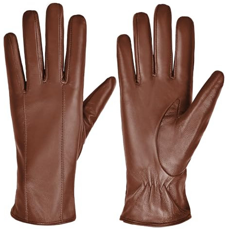 MGGMOKAY Damen Lederhandschuhe Touchscreen Handschuhe Warm Echtes Leder mit Kaschmir Gefüttert,Rötlich-braun,S