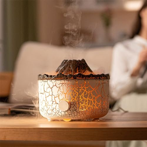 560ml Vulkan Luftbefeuchter mit Nachtlampe, Flamme Luftbefeuchter Cool Mist Luftbefeuchter mit Fernbedienung, ätherische Öle Aroma Diffusor für Haus, Schlafzimmer, Büro(EU)
