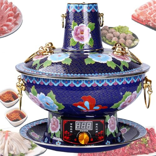 Chafing Dishes Hot PotRed Kupfer Hotpot Holzkohle Alter Anti Schuppen Griff Geeignet für Und Picknick, für Familie/Freunde, Parteien,Blue-StyleB-34cm