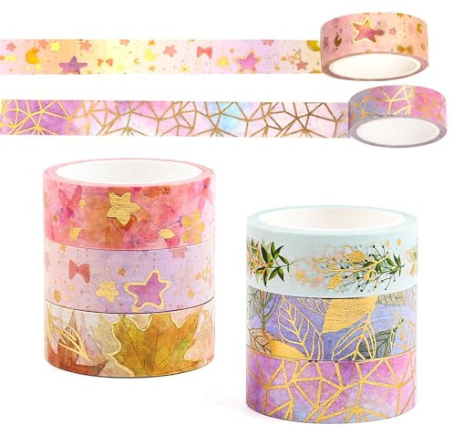 RISVOWO 6 Rollos Washi Tape Set, 15mm x 5m Cinta Adhesiva Decorativa, Papel de Oro Cinta Adhesiva, Decorativa Masking Tape para Diy Crafts Scrapbooking, Manualidades