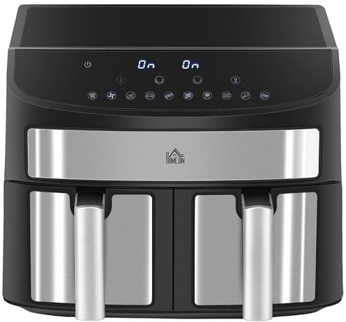 HOMCOM Heißluftfritteuse 8L Fritteuse mit Doppelkammer, Airfryer mit 10 Programmen, 2400 W Luftfritteuse mit Touchscreen, Rezeptur, ohne Öl, Schwarz