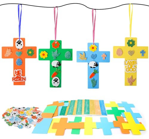 LAMEK 24 Kreuze Bastelset Kinder Ostern Basteln Christliche Kunsthandwerk Kreuz Bastelhandwerk Moosgummi Kreativsets mit Lampe Blumen Ostern Anhänger Deko für Mädchen Jungen Ostern Frühling