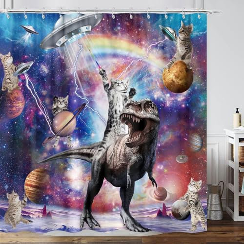 Rideau de douche amusant avec motif chat sympa, aniams chevauchant un dinosaure sur l'univers fantastique, galaxie, espace, OVNI pour garçons et enfants, ensemble de rideaux de douche en tissu cool