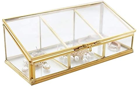 TERPCO Boîte à bijoux en verre transparent doré et laiton, présentoir à bijoux avec couvercle, 3 compartiments, anneaux, bracelets, boîte de rangement de bi