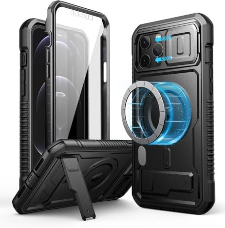 Dexnor Magnetic Bumper Case for iPhone 12 Pro Max, MagSafe Comapitble, Heavy-duty Shockproof Full-body Rugged Protective Cover with Kickstand & Camera Cover & Screen Protector - Black