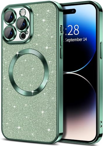 miyonsin Glitzer Hülle für iPhone 12 Pro Max, Bling Glitter Stoßfest Handyhülle für MagSafe, Niedliche Glitzernde Schutzhülle für Frauen und Mädchen Kompatibel mit Magnetisch, Grün