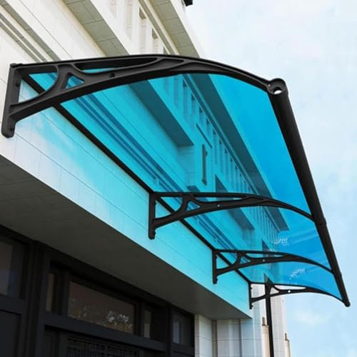 Haustür-Markise mit Seitenwand-Regenrinnen, Aluminium-Metallrahmen, Haustür-Dach mit Seitenwand-Regenrinnen für Außenterrasse, Balkon, Garten, Kellertreppe, Hauseingang (Blauw1,120x420cm)