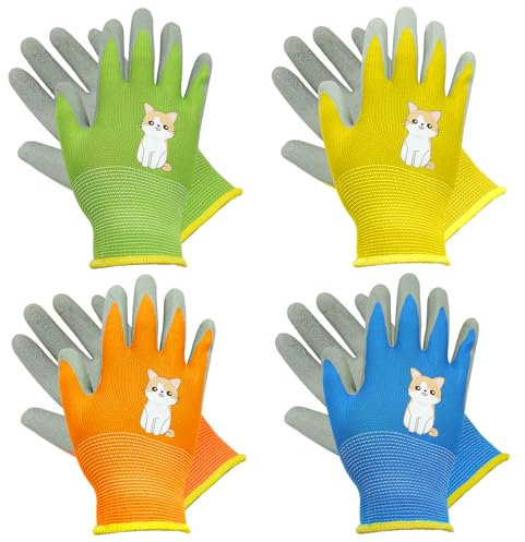 VEGCOO 4 Pares de Guantes de Jardinería para Niños, Guantes de Jardín para Niños a Prueba de Espinas y Transpirables, Guantes de Trabajo para Patio, Jardín, Actividades al Aire Libre,L, 7-10 años