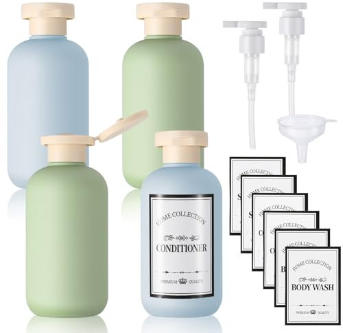 dusaniyali 4 Stück Reiseflasche Set, 200ml Squeeze Bottles mit Flip Cap Nachfüllbare Kunststoff-Reisebehälter mit Push-Pumpenkopf, Portable Abgabe von Flaschen mit Kleinem Trichter für Lotion, Shampoo