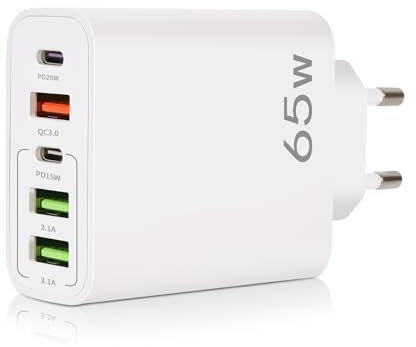 YIIFELL Cargador USB C, 65 W 5 Puertos Cargador USB C con Cargador Rápido Inteligente QC 3.0, Adaptador de Corriente USB para iPhone 15 14 13 12 11 Pro MAX SE 2020 XS XR 8 7, Samsung, Tablet