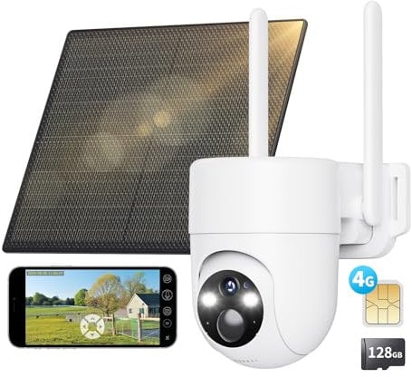 SEHMUA 4G LTE Camara Vigilancia Exterior con Panel Solar, 2K PTZ Camara Vigilancia con Tarjeta Sim, Detección Humana PIR, Visión Nocturna, IP66 Impermeable, PTZ 355°/90°, Audio de Dos Vías