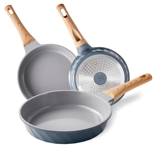 RIOVARM Inducción Juegos de sartenes Cerámica Antiadherente Batería de cocina sin PFOA 20 cm 24 cm 28 cm Sartenes para tortillas con asas de baquelita imitación madera Gris y azul