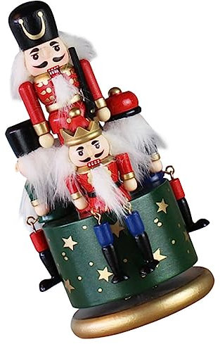 Amosfun Caja De Música De Madera Cascanueces Pintada Mano Estilo Europeo con Música Giratoria Verde Adorno Decorativo Navideño para Escritorio y Hogar