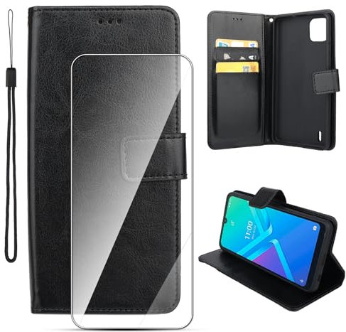 Houjunor Étui Cuir pour Wiko Y82, Coque Rabat en Cuir avec Fermeture magnétique, résistante aux Chocs, Porte-Cartes et Fonction Support pour Wiko Y82 (Noir), incluant 1 Verre trempé HD