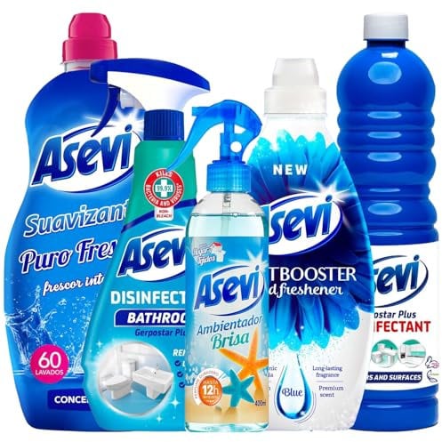 5 Piece Dark Blue Spanish Cleaning Products Bundle Gift Set, Air Freshener 400ml, Clothes Scent Booster 720ml, Bathroom Cleaner 750ml, Floor Disinfectant 1L, Fabric Conditioner 60 Wash