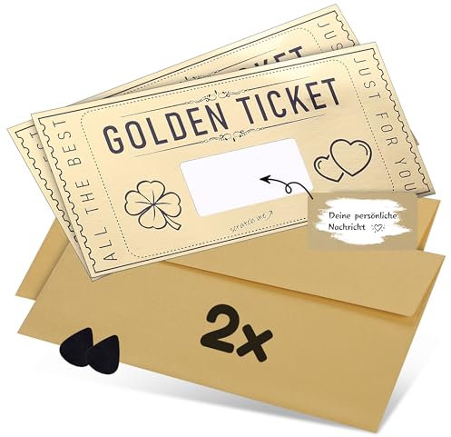 DasWas 2x Goldenes Ticket - Geschenk Gutschein zum Selber Auffüllen mit Rubbelaufkleber - Rubbellose & Gutscheinkarten Selber Machen - Personalisiertes Geschenk im funkelndem Umschlag + Rubbelwerkzeug