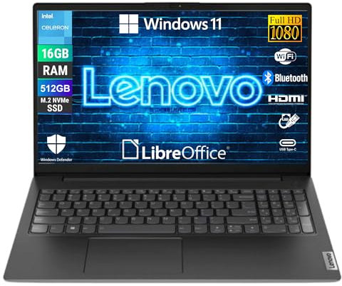 Lenovo, Notebook Pc Portatile, Display 15,6 Full HD, Intel N4500 2 Core Fino a 2.8 Ghz, Ram 16 GB DDR4, 512 GB SSD NVMe, Win 11 Pro, Pronto all'uso