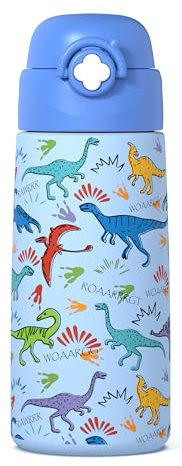 Ntswasd Botella De Agua Aislada Para Niños Con Pajita Desplegable,500 Ml,taza Infantil De Acero Inoxidable,a Prueba De Fugas-sin Bpa,para La Escuela,niñas(Dinosaurios)