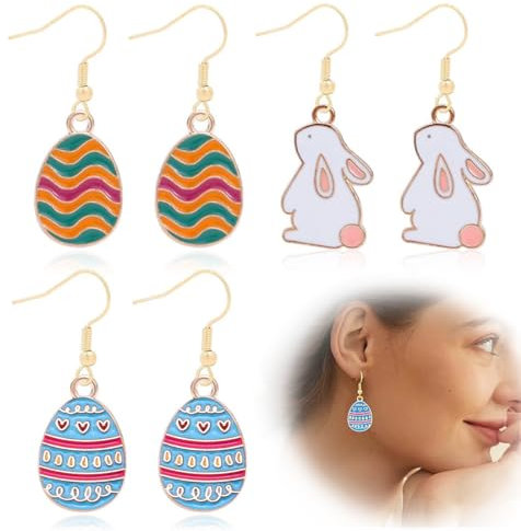 XURJUMI 3 Paar Osterohrringe für Mädchen, Niedliche Häschen-Ohrringe Bunte Eier-Ohrringe Cartoon-Küken-Ohrstecker Frühlingsthema Schmuckgeschenk für Frauen Urlaub Party