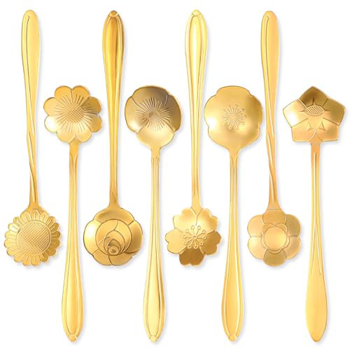 8 Stück Espresso LöFfel Klein, Gold Edelstahl TeelöFfel, Blumen Tee LöFfel für Kaffee, Eiscreme, Zucker,Marmelade und Dessert