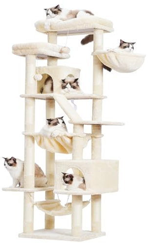 Heybly Arbre À Chat, Tour De Griffer 180 cm, 2 Plateformes, 2 Cabanes De Sommeil, 2 Hamacs, Panneau À Griffer. Grand Meuble pour Chats avec Endroit Dormir, Beige HCT034M
