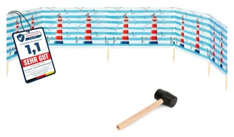 Garronda 6 m lang Windschutz Strand Sichtschutz mit Gummihammer GAEX001 | Windfang für Camping und Strandtage, praktisches Strandzubehör mit Holzstäben, als Sichtblende und Windbarriere im Sand