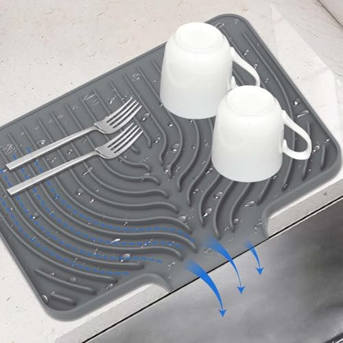 Dish Drying Mat for Kitchen Counter, with Built-in Drain Lip, Food-Grade Silicone, Easy Clean Pad for Countertop Protection, Multi-Functional Use (14.7x10.2, Grey)