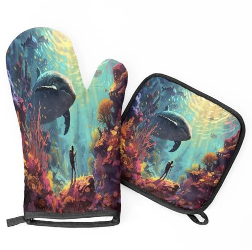 Marine Life Whale Fish Oven Mitts and Pot Holders BBQ Gloves, Heat Resistant Kitchen Oven Gloves Hot Pads for Cooking Baking Grilling