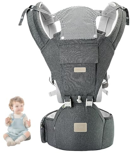 Porte-bébé nouveau-né dès la naissance pour 3 à 36 mois, en coton, ergonomique, avec siège hanche, doux et respirant, pour les voyages, les promenades, utilisable toute l'année (gris)