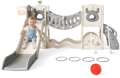 Krovtoy Kleinkinderrutsche, Kinderrutsche mit Basketballkorb, Aufbewahrungsbox und Kleinkinderklettergerüst, freistehende Rutsche für drinnen und draußen (BeigeGrau- Active -7in1)