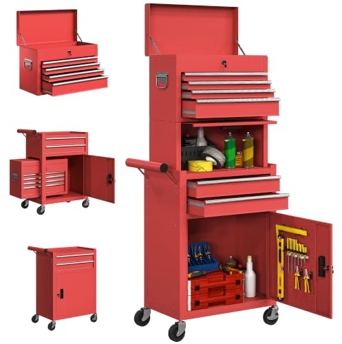HOMCOM Carro de Herramientas con 6 Cajones y Cerraduras 3 en 1 Rojo | Carro de Taller Móvil, con Ruedas, Panel Lateral Perforado, Caja de Herramientas Desmontable de Acero, para Taller, Garaje